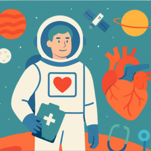 An illustration of human health in space, moon, and mars